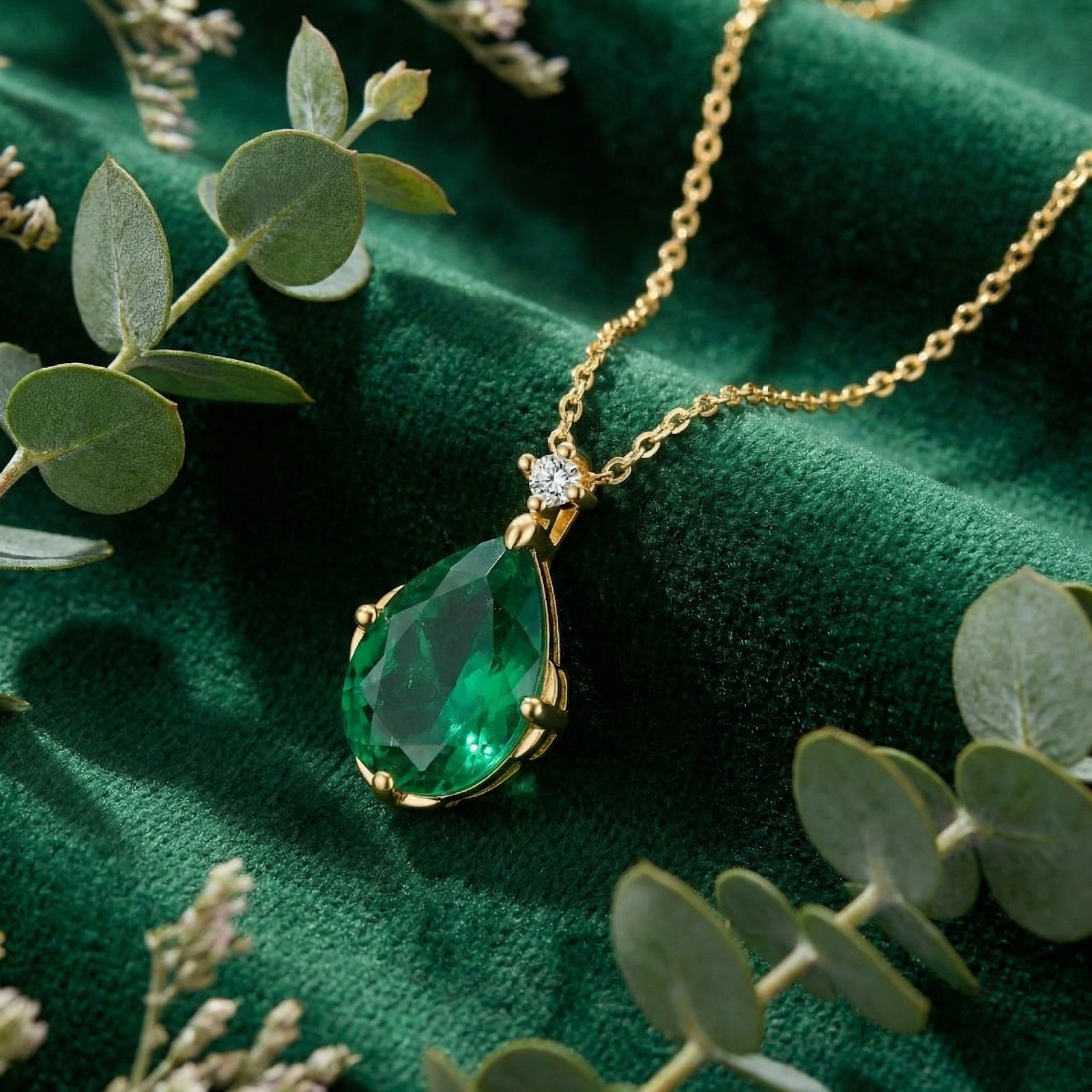 Pear cut simulated emerald necklace in 18K gold vermeil on green velvet with eucalyptus leaves.