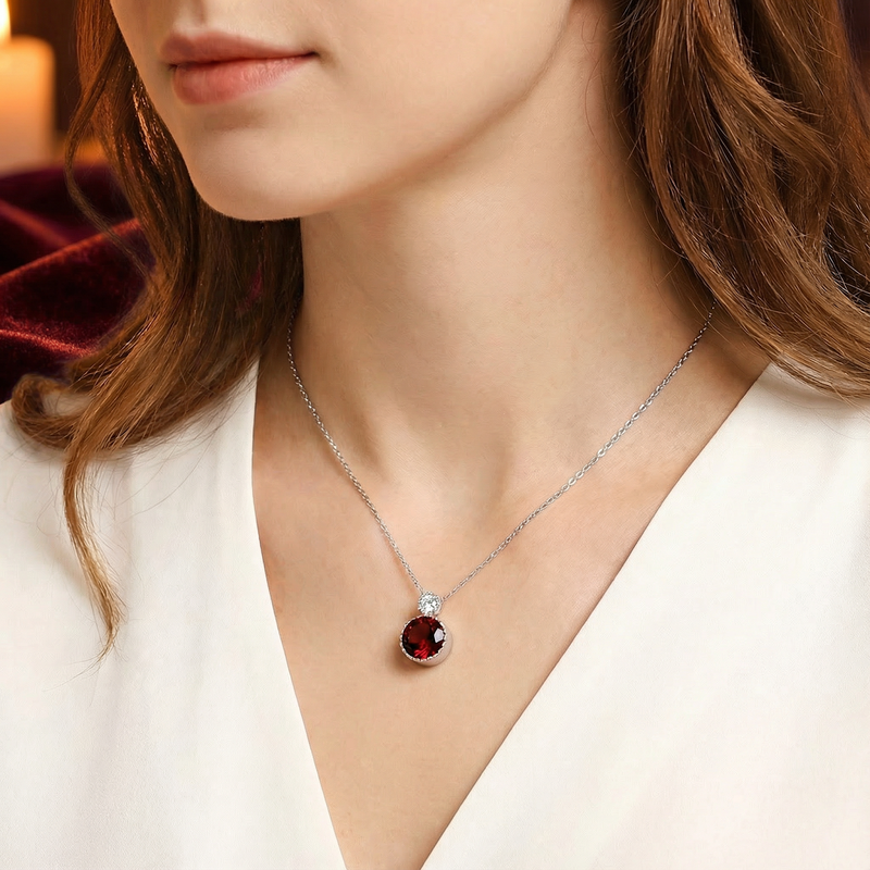 Model wearing the Valeriana sterling silver necklace with a round red garnet pendant on a silver chain.