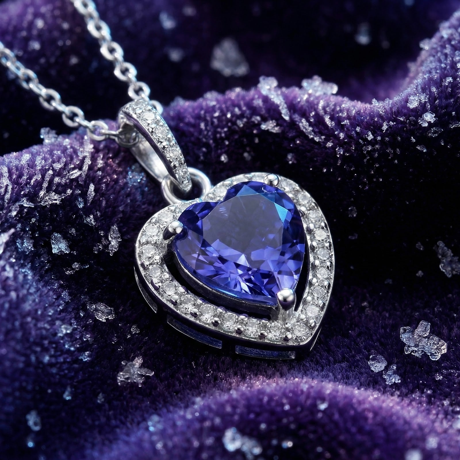 Heart-cut simulated tanzanite pendant in S925 sterling silver halo setting on purple velvet.