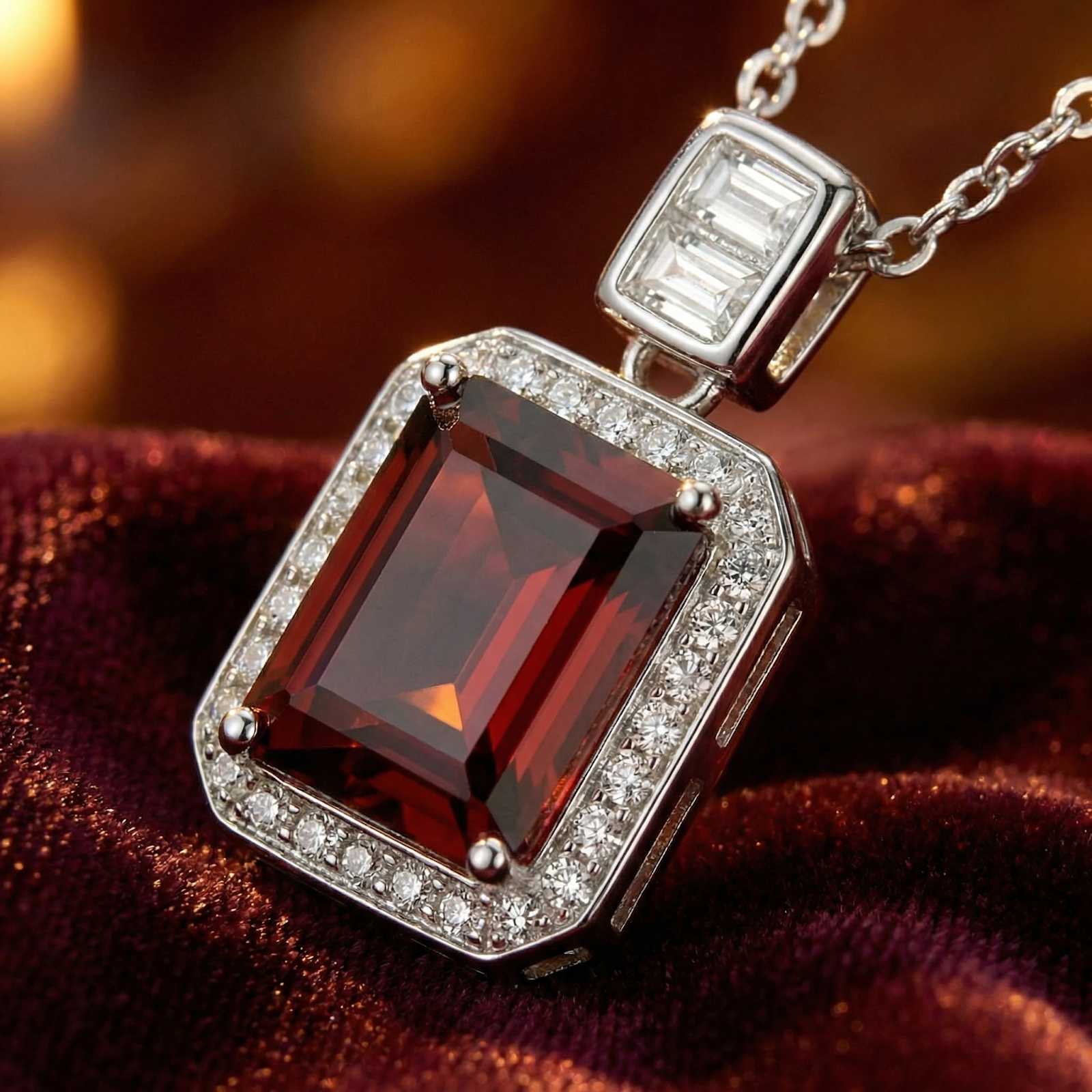 Macro detail of the emerald-cut simulated garnet pendant and halo in sterling silver.