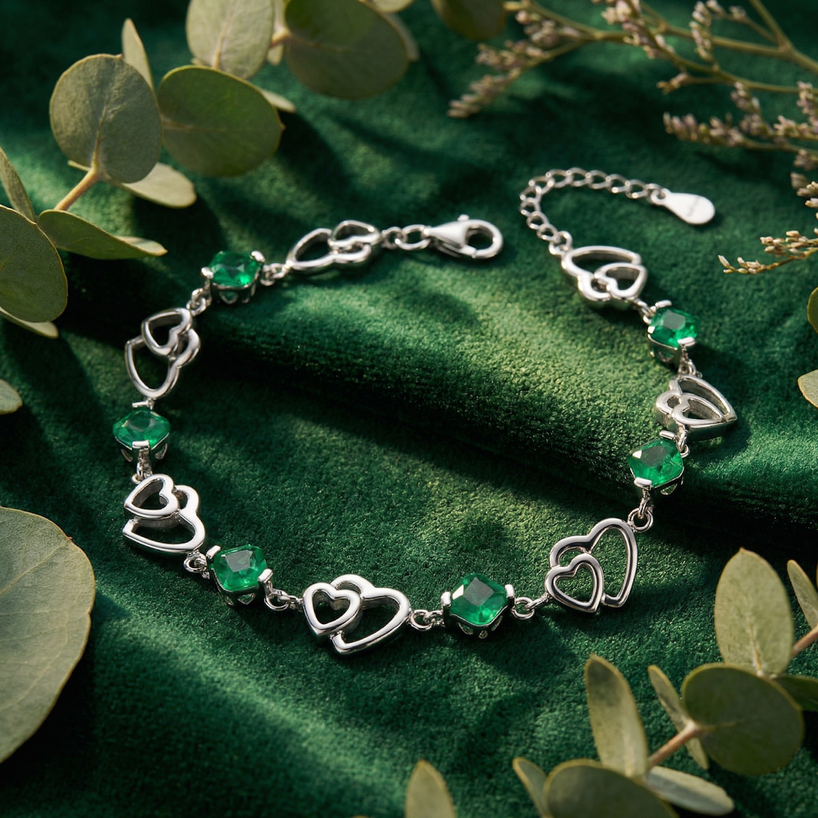 Sterling silver heart bracelet with cushion cut simulated emeralds shown in full on green velvet with eucalyptus.