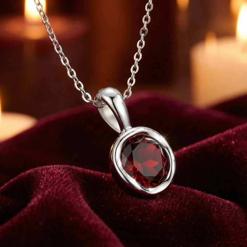 Side view of the round cut red garnet pendant in sterling silver, resting on red velvet with warm candle lighting.