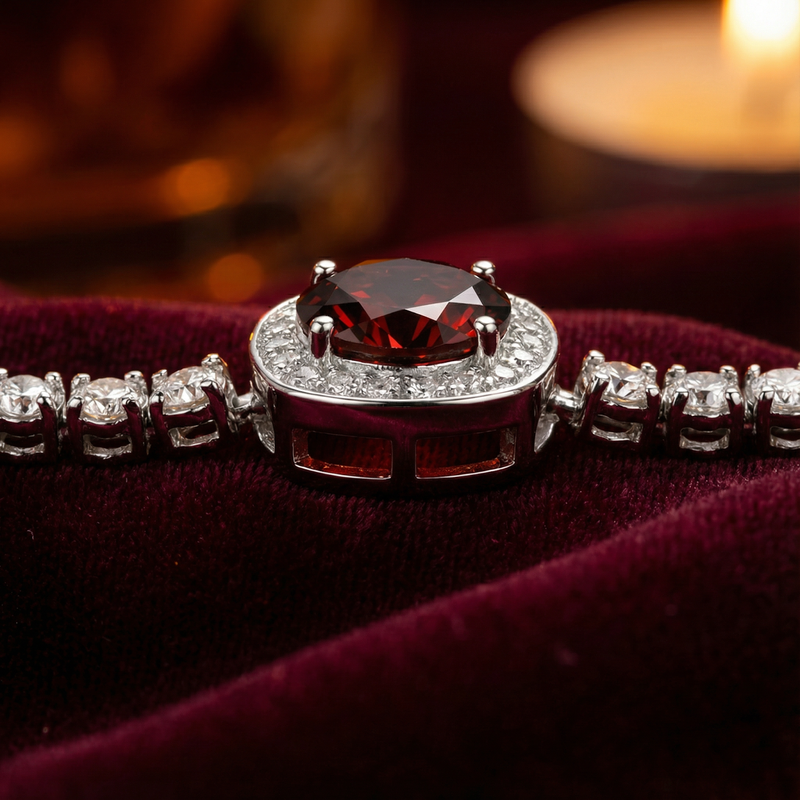 Macro view of a round-cut red simulated garnet in a square halo setting on a sterling silver bracelet.