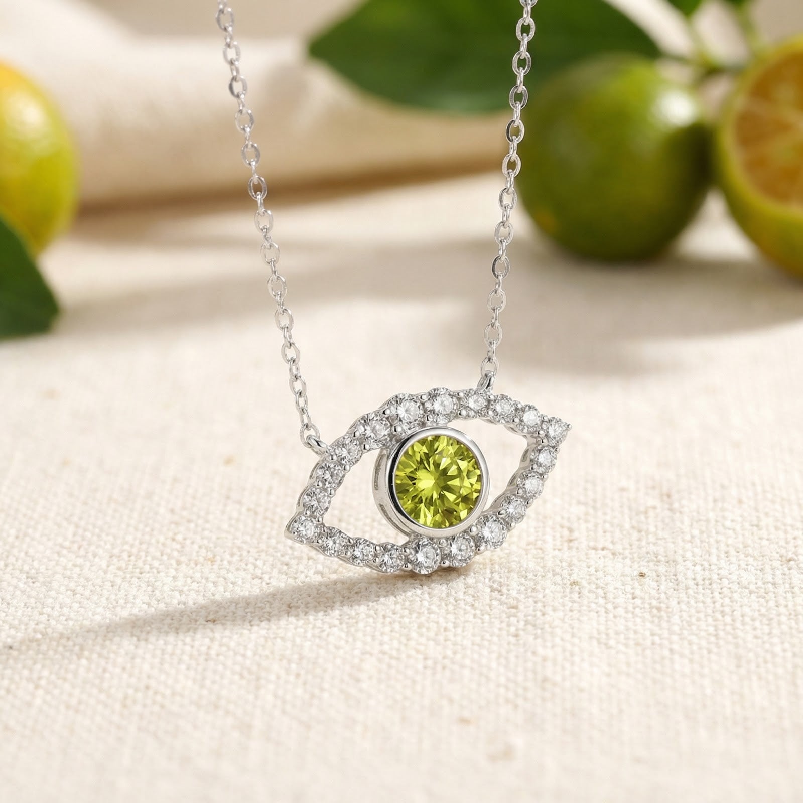 Silver eye necklace with round cut yellow-green moissanite on a fabric background with citrus fruits.