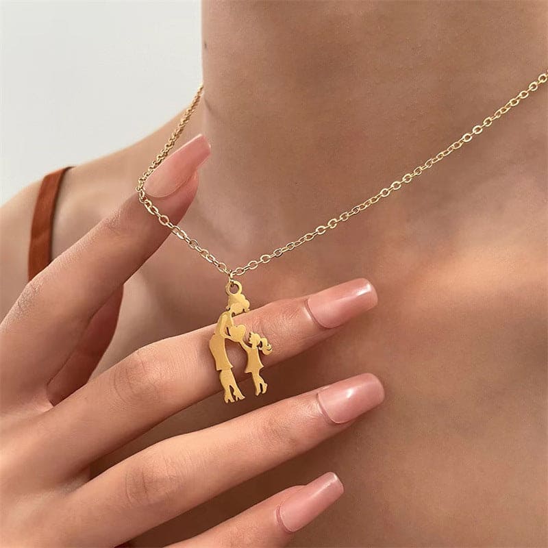 Joyful Mother and Two Children Pendant Necklace - Stainless Steel