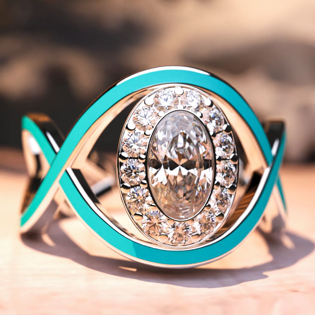 Turquoise Waves: Opal Cut Diamond Ring - S925 Sterling Silver