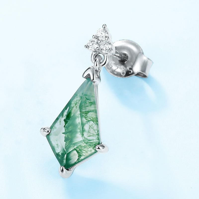 Kite Cut Natural Moss Agate Drop Earrings - S925 Sterling Silver