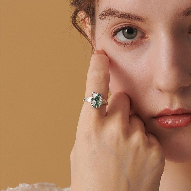 Cushion Cut Natural Moss Agate Leaf Design Ring - S925 Sterling Silver