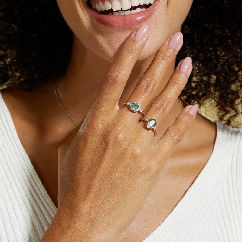 Halo Round Cut Natural Moss Agate Opalescent Ring - S925 Sterling Silver