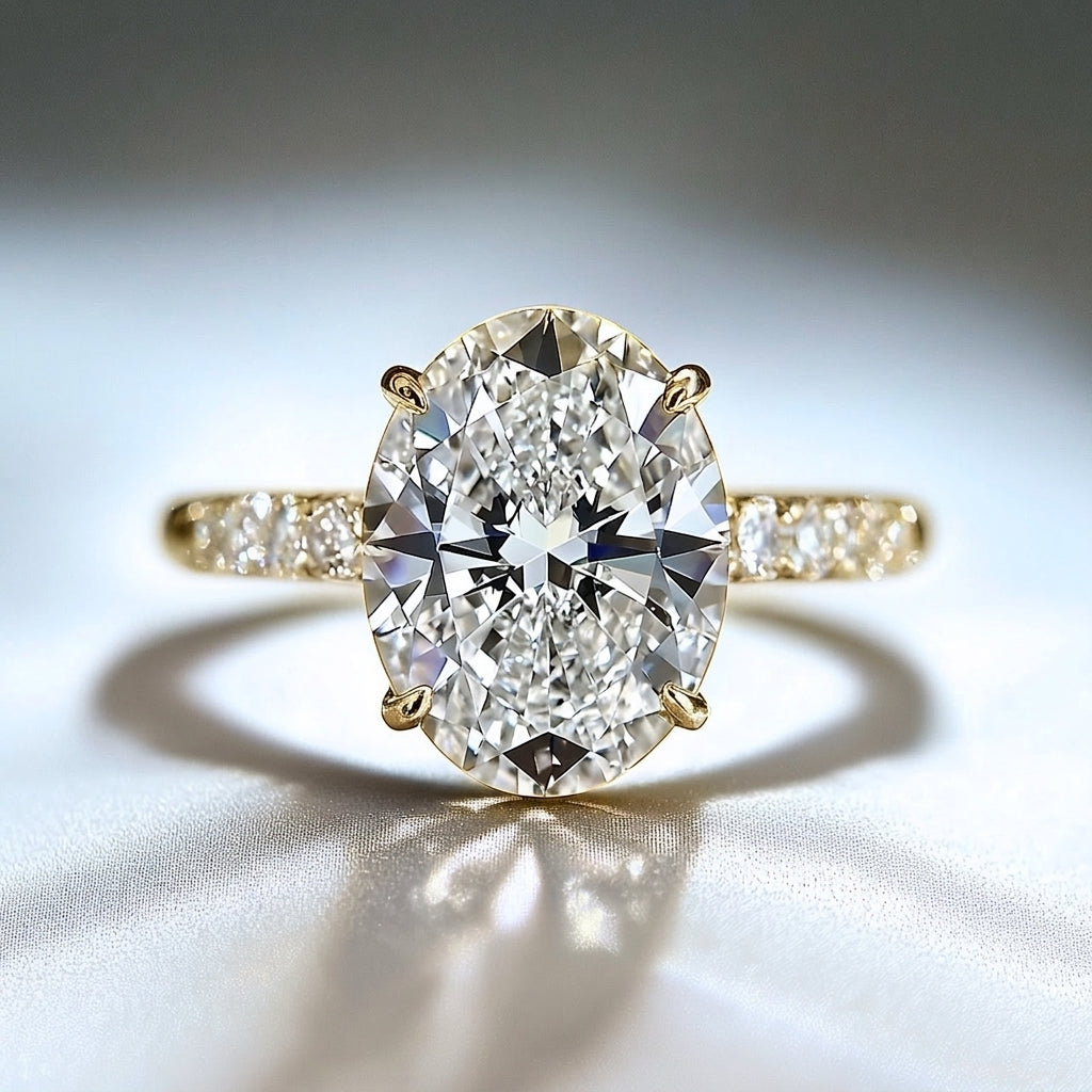 The Liana ring in a yellow gold finish with an oval moissanite and pave-set band on light satin