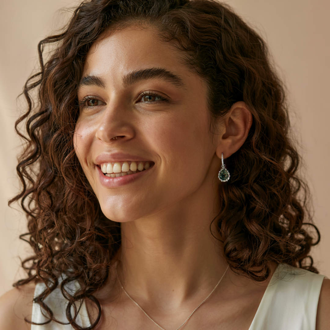 Teardrop Halo Natural Moss Agate Leverback Earrings - S925 Sterling Silver