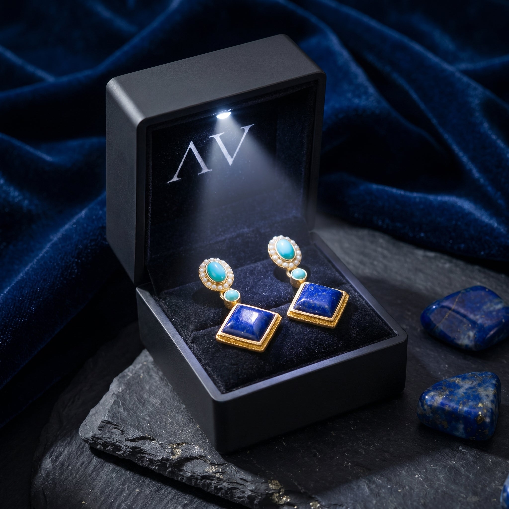 Gold plated rhombus lapis earrings displayed in a black illuminated jewelry gift box on a slate background.