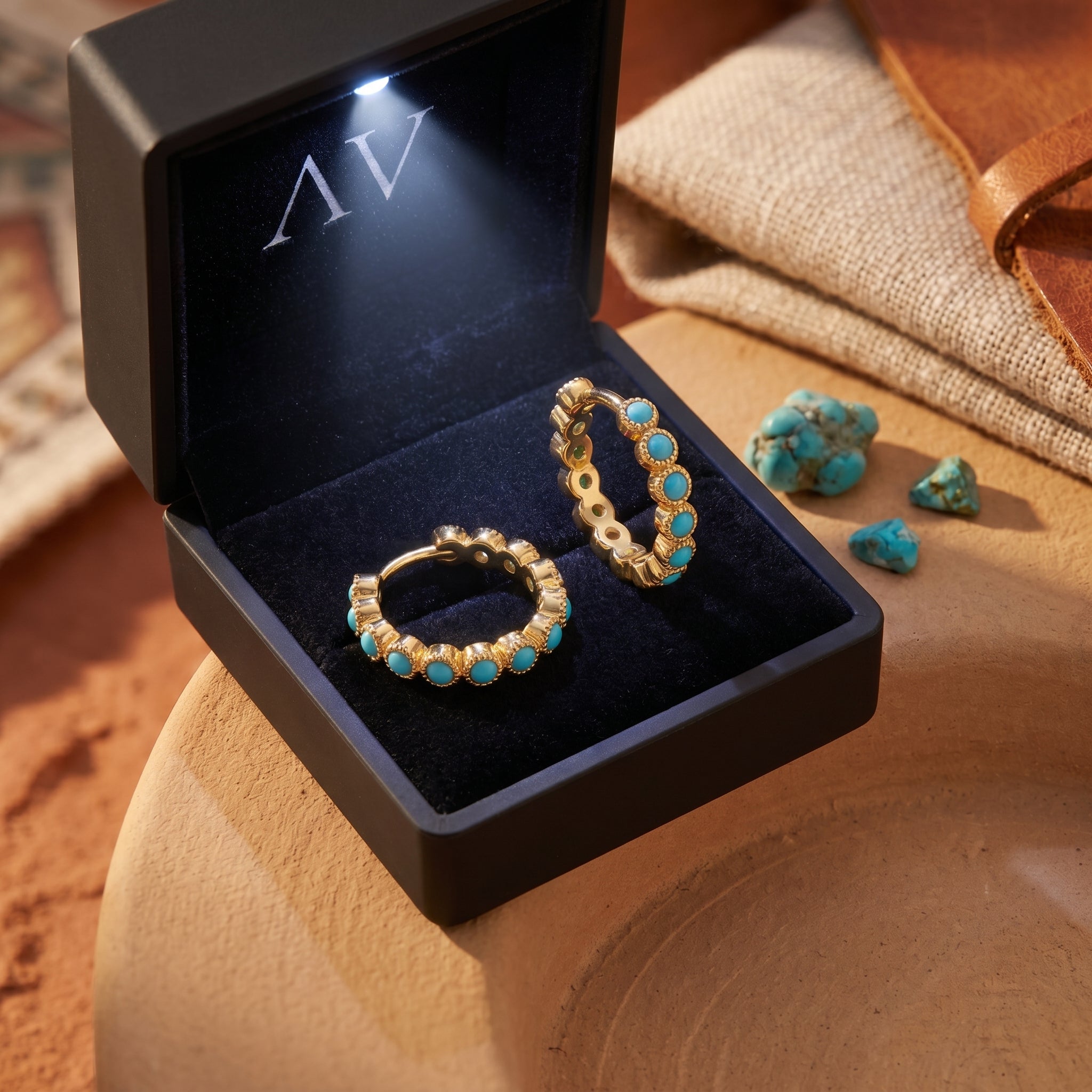 Gold vermeil turquoise huggie earrings displayed in a black illuminated jewelry gift box.