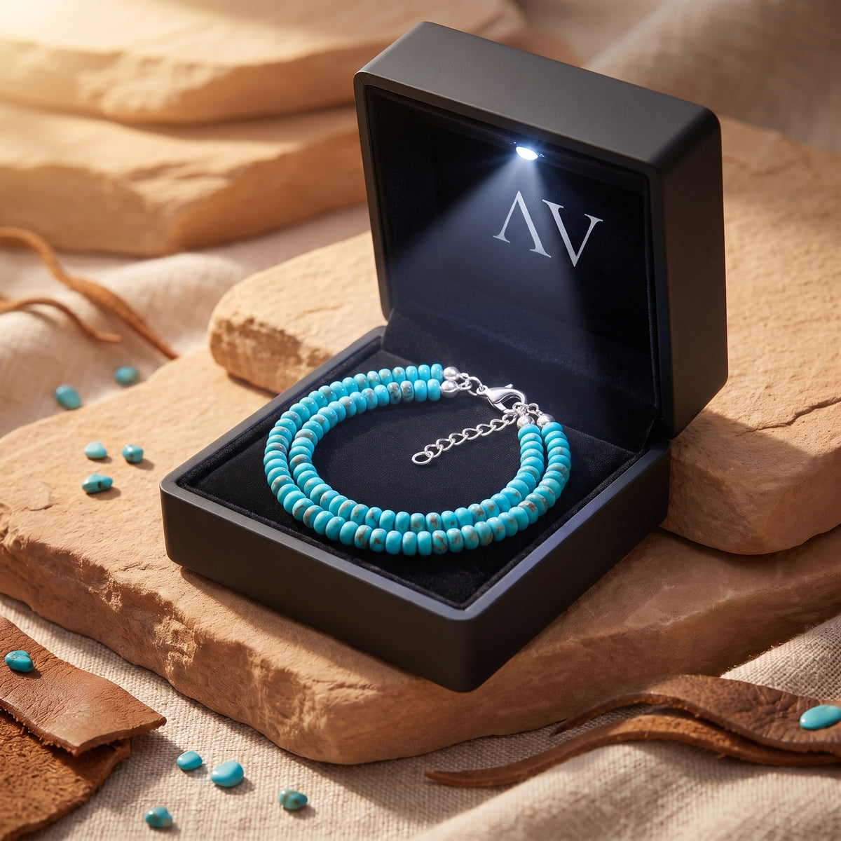 Double strand turquoise necklace in a black LED-lit gift box.