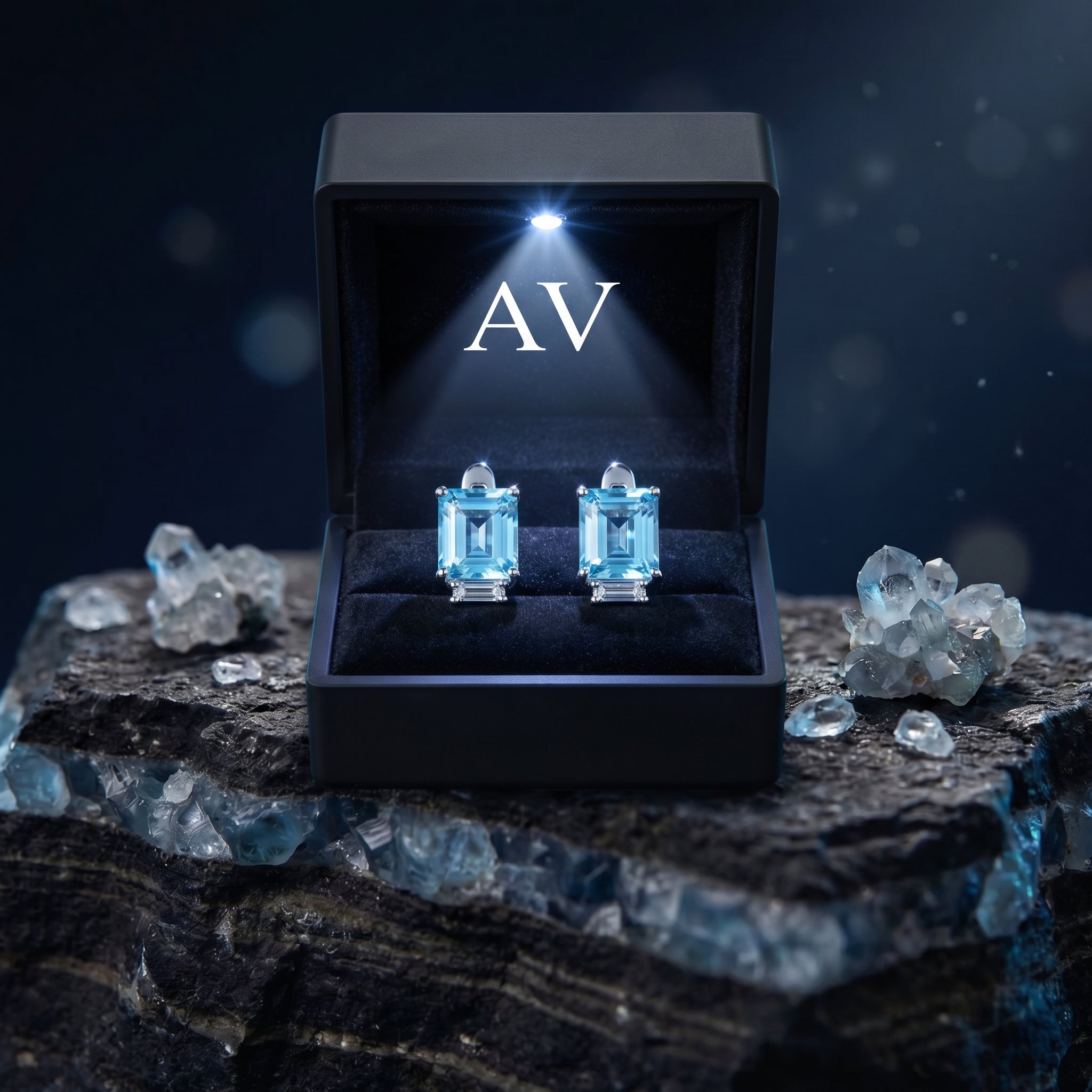 Pair of emerald cut blue topaz earrings in a premium lighted black gift box, displayed on a rocky surface.