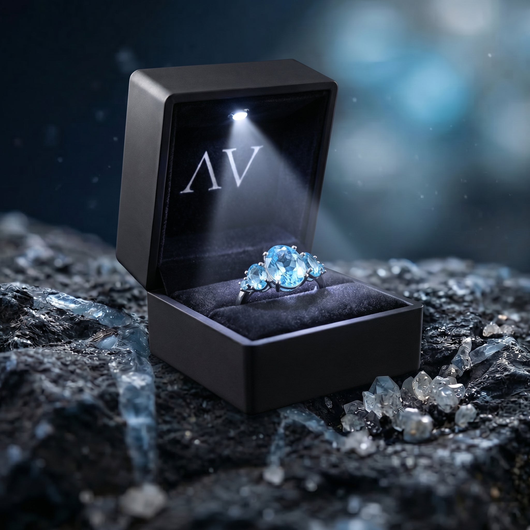 Oval natural blue topaz sterling silver ring inside a black LED-lit presentation box.