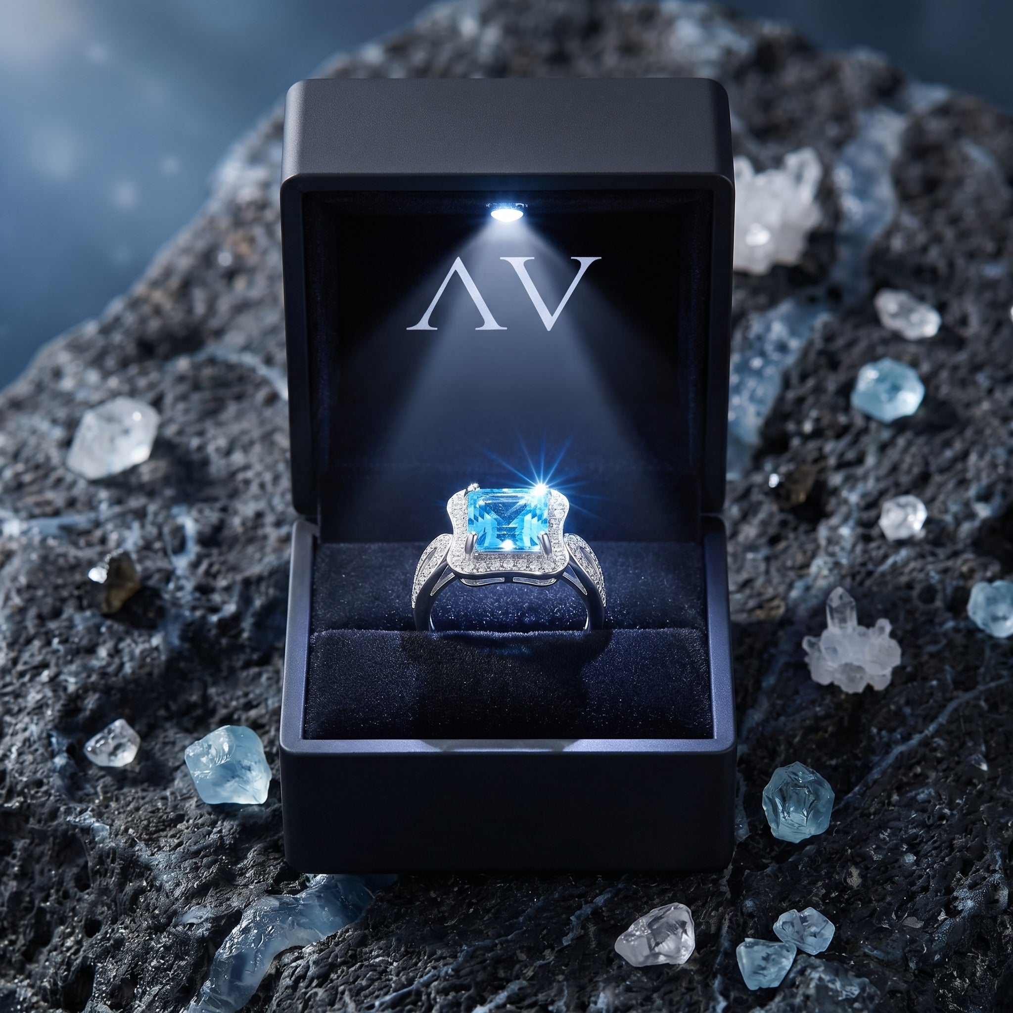 Swiss Blue topaz sterling silver ring presented in a black LED-lit jewelry box on a rocky surface.