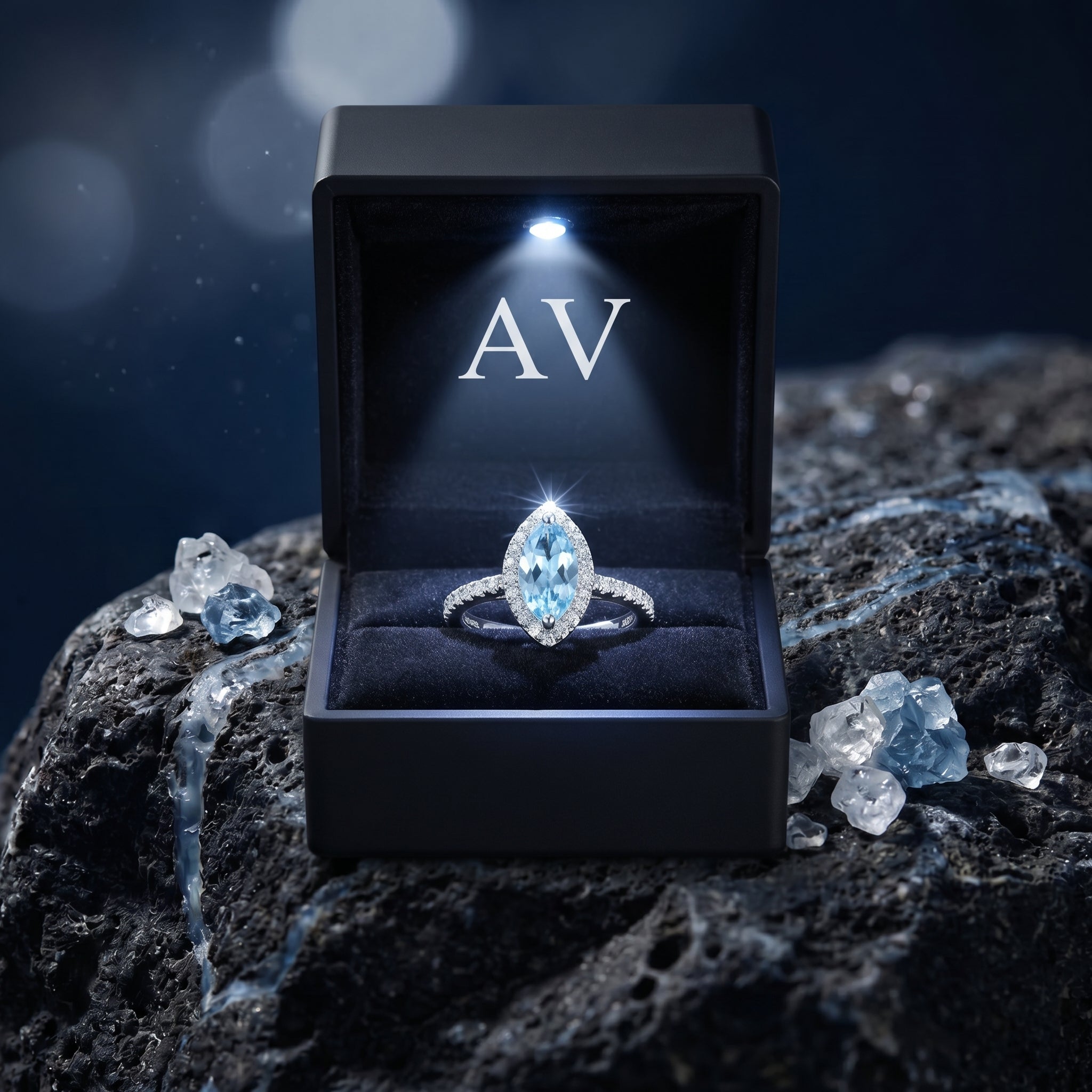 Marquise cut natural blue topaz ring in sterling silver presented in a lighted black AV branded jewelry gift box.