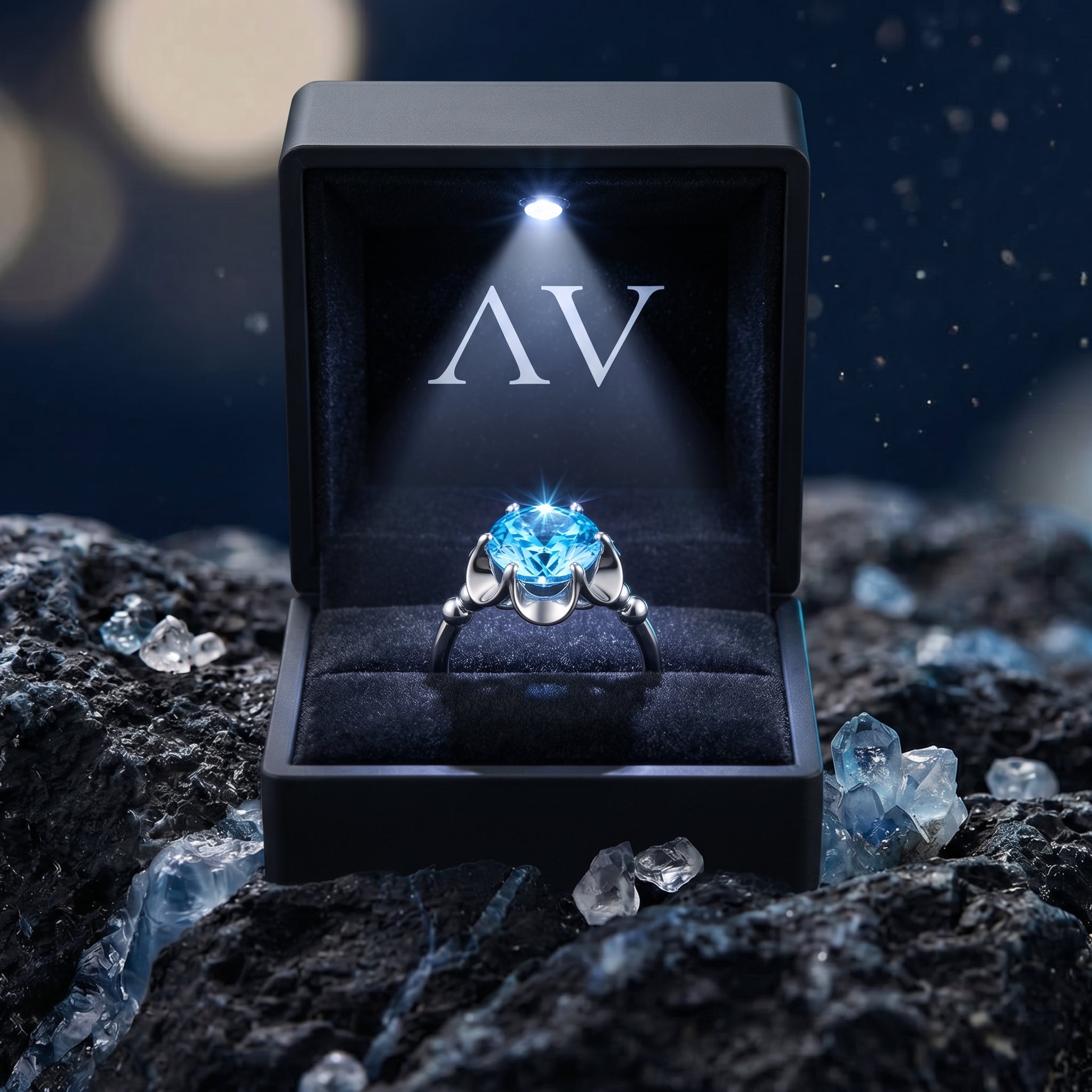 Blue topaz sterling silver ring presented in a black lighted gift box on a dark rocky surface.