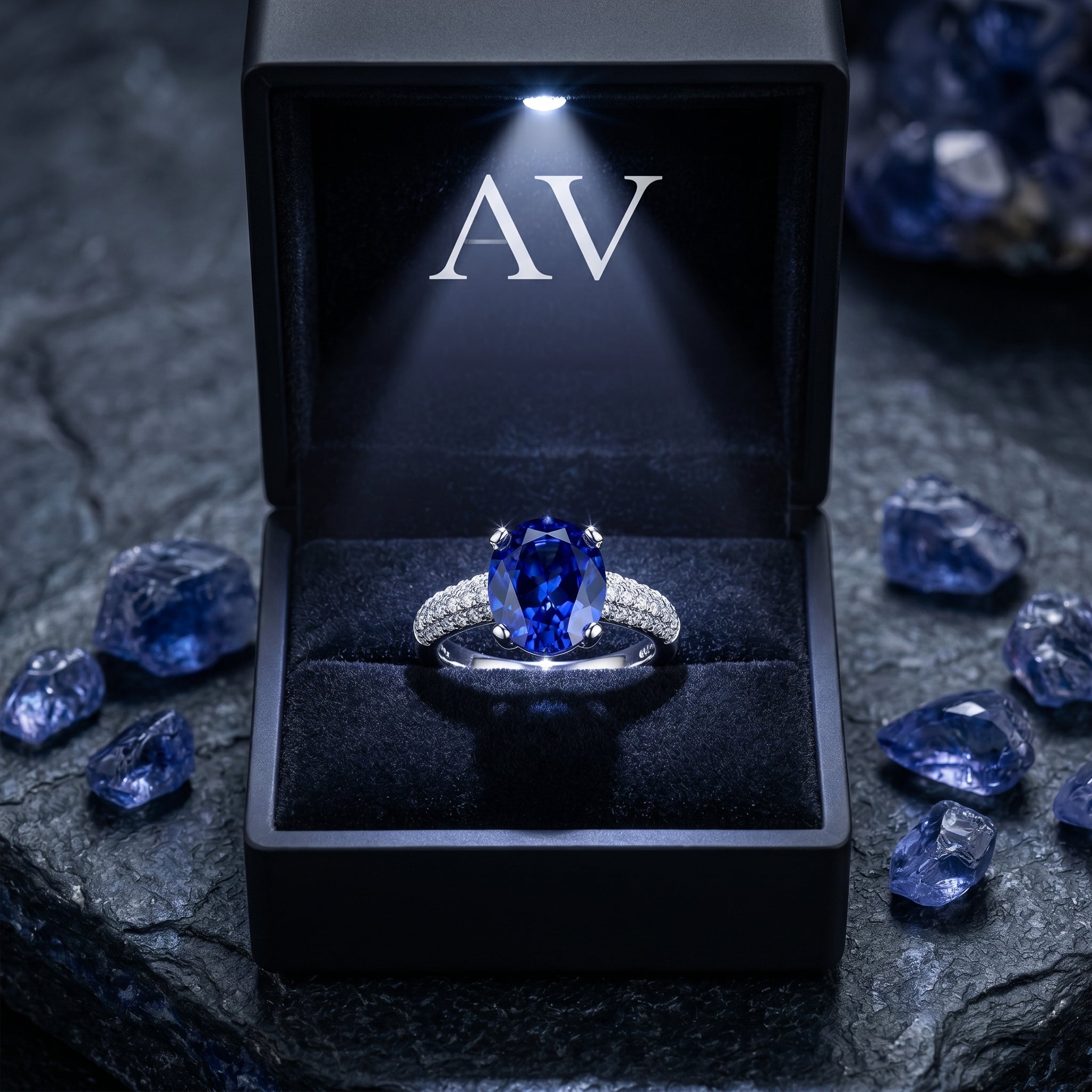 Oval tanzanite sterling silver ring displayed in a lighted black gift box on a dark, textured stone surface.