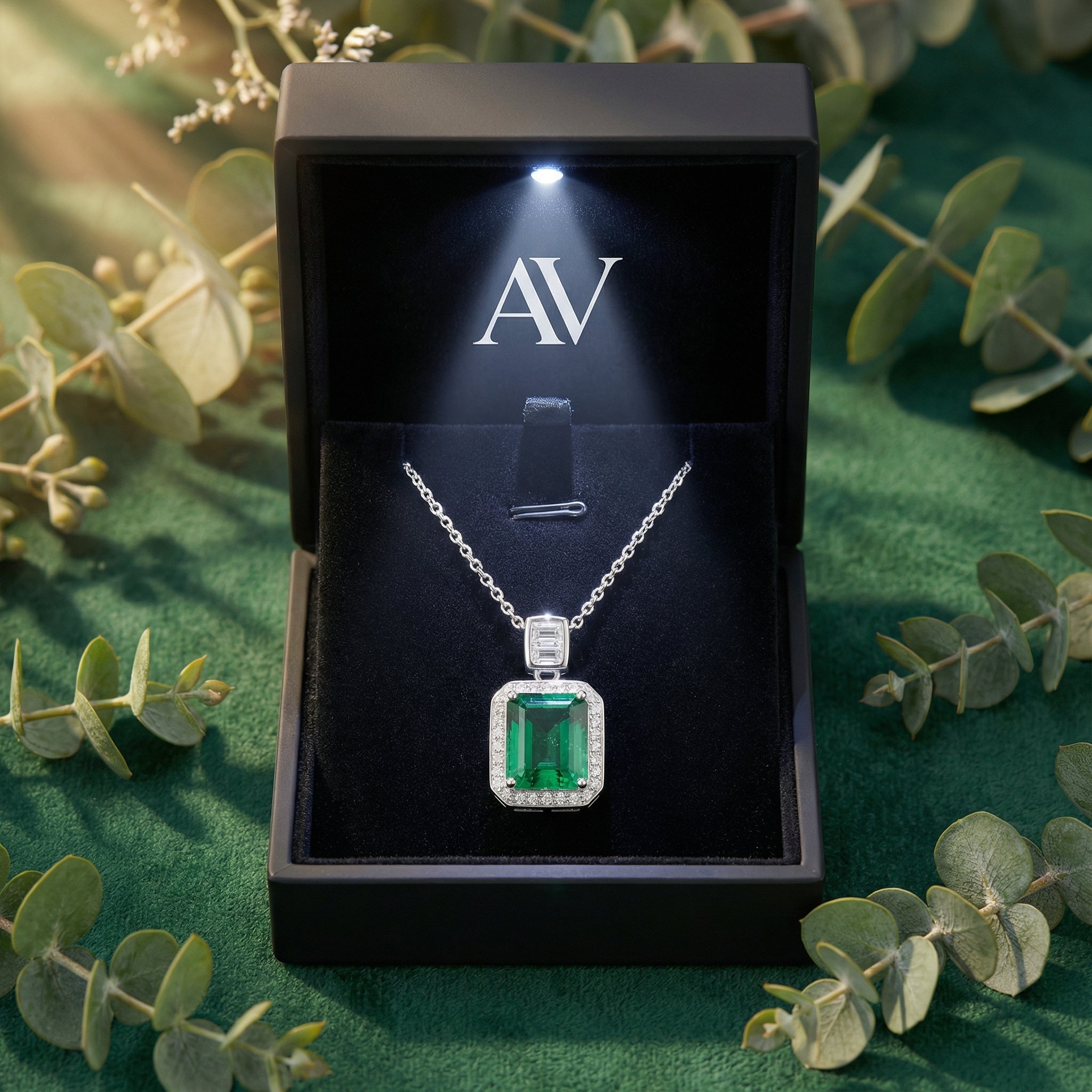 Emerald-cut simulated emerald necklace presented in a black LED-lit jewelry gift box with eucalyptus accents.