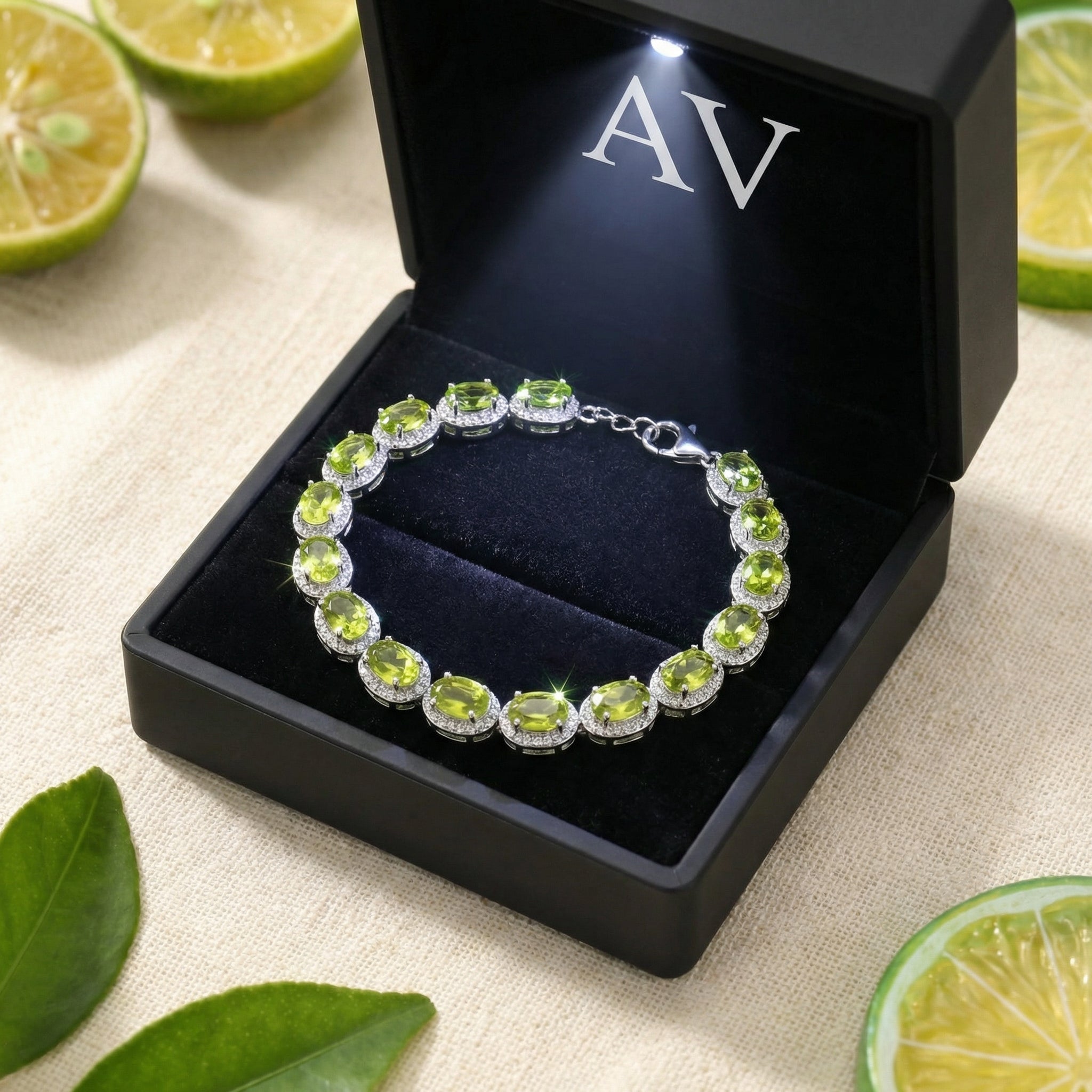Sterling silver tennis bracelet with oval simulated peridot stones in a black LED-lit presentation box.