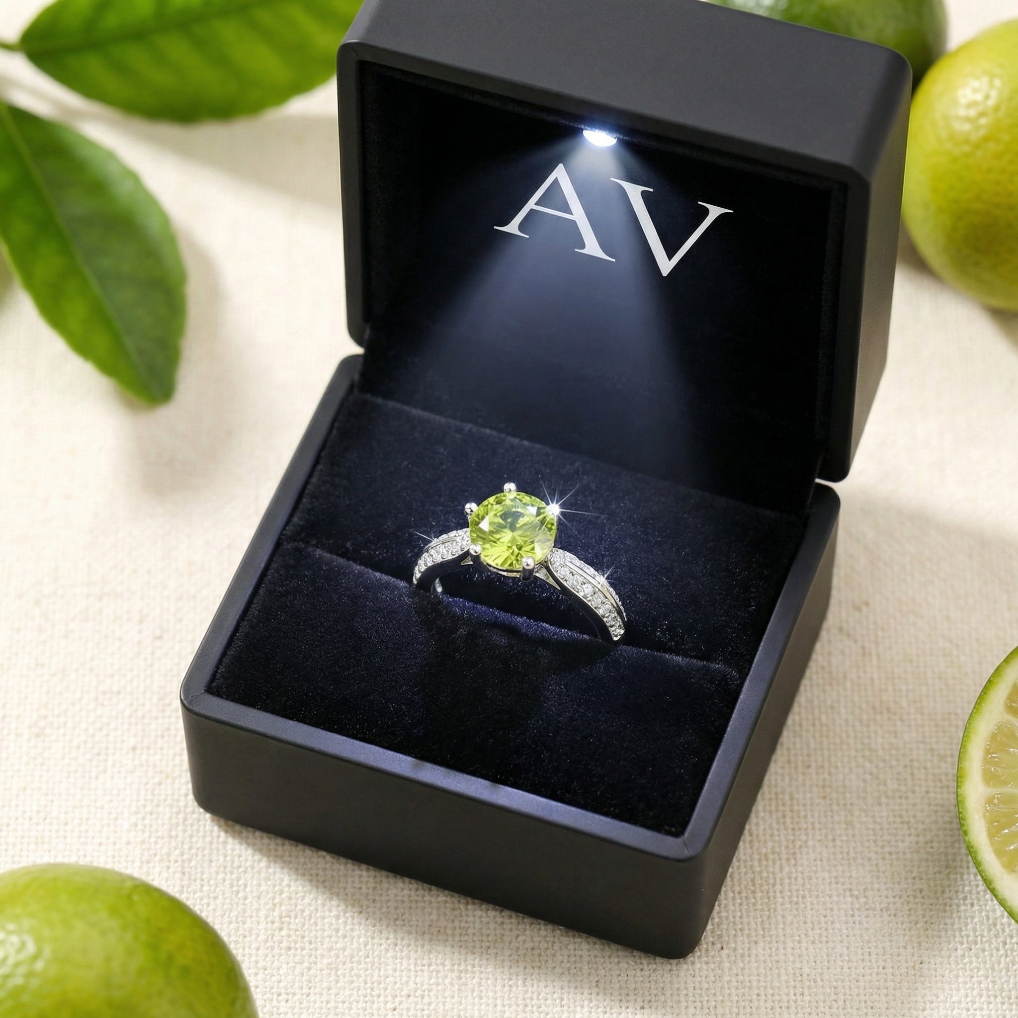 Simulated peridot sterling silver ring presented in a black LED-lighted jewelry gift box with lime accents.
