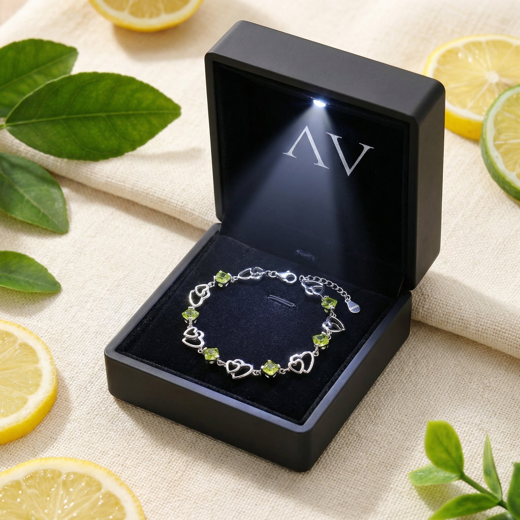Sterling silver Perisella heart bracelet with green stones in a black LED-lit jewelry presentation box.