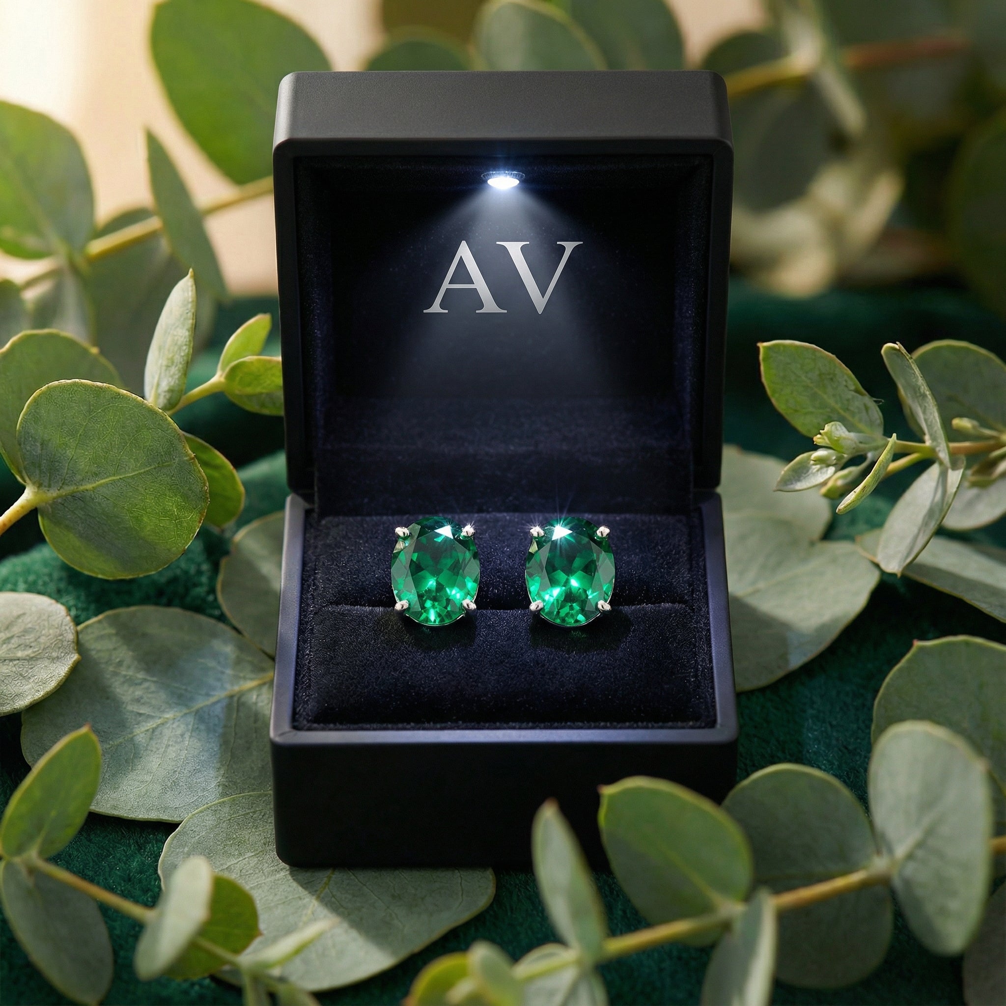 Oval-cut simulated emerald stud earrings in a black LED-lit AV jewelry box with eucalyptus leaves.