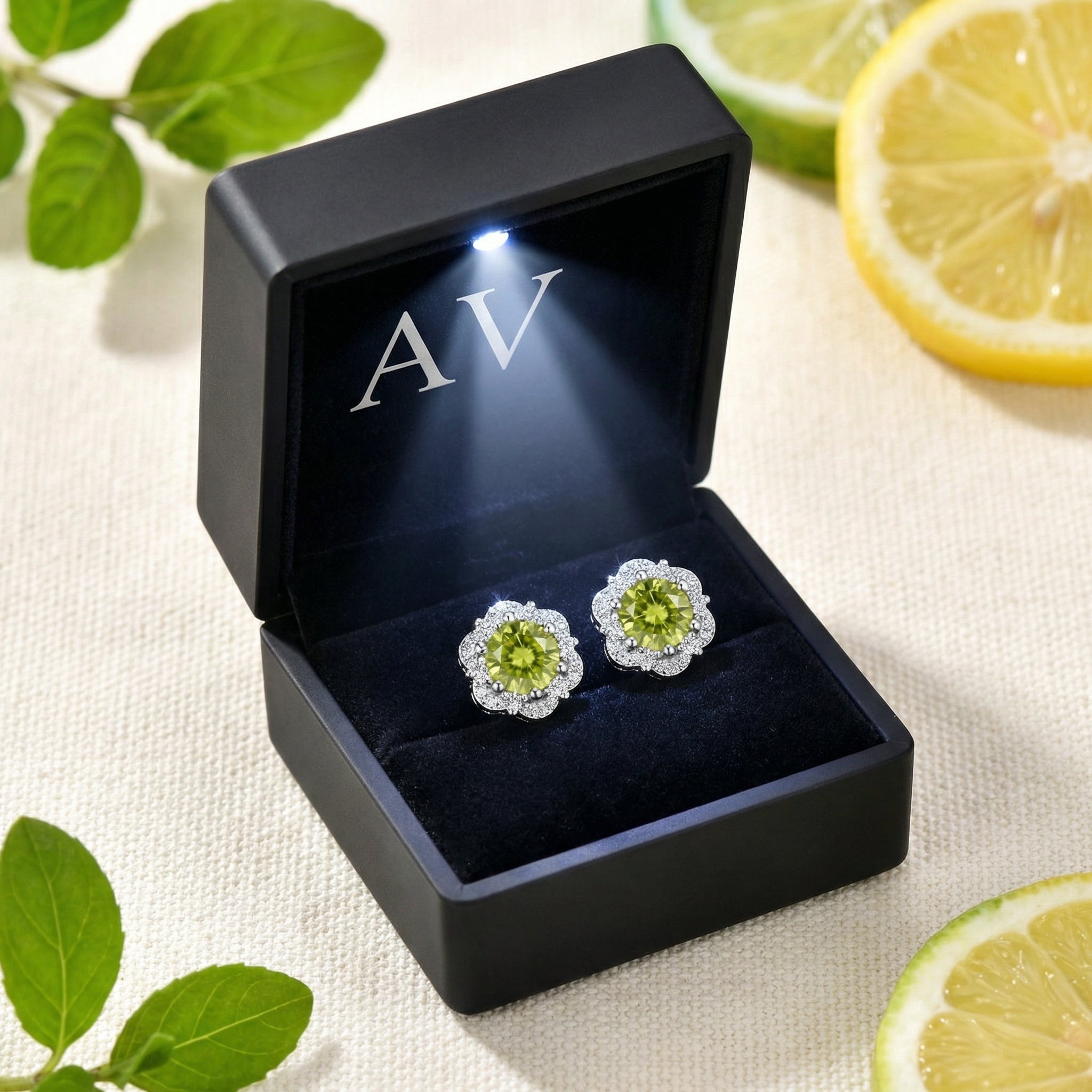 S925 sterling silver simulated peridot earrings inside a black lighted jewelry box with AV branding.