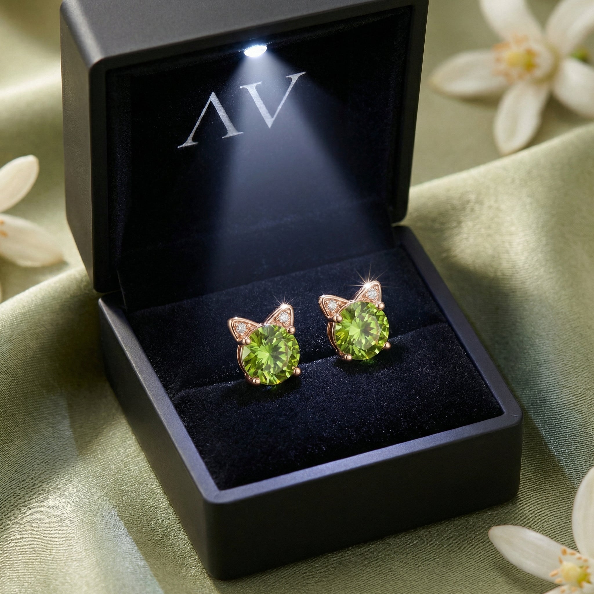 Pair of cat-ear peridot earrings in 18K rose gold vermeil inside a lighted black jewelry presentation box.