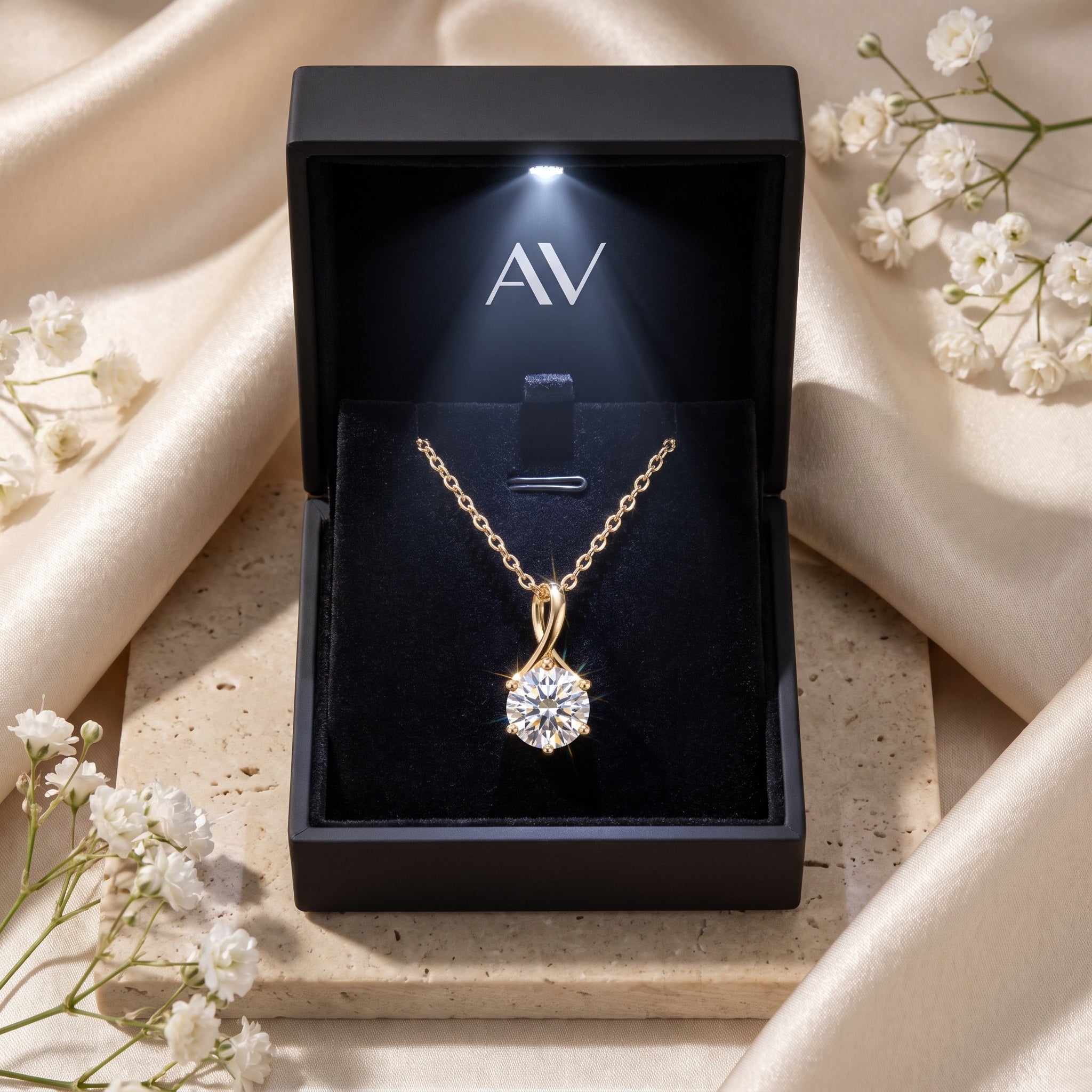 Gold moissanite necklace in black LED gift box.