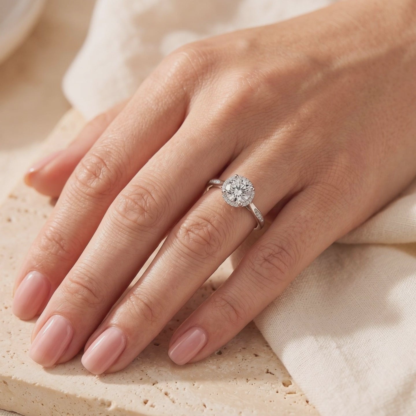 Silver round halo ring worn on a hand over a beige surface.