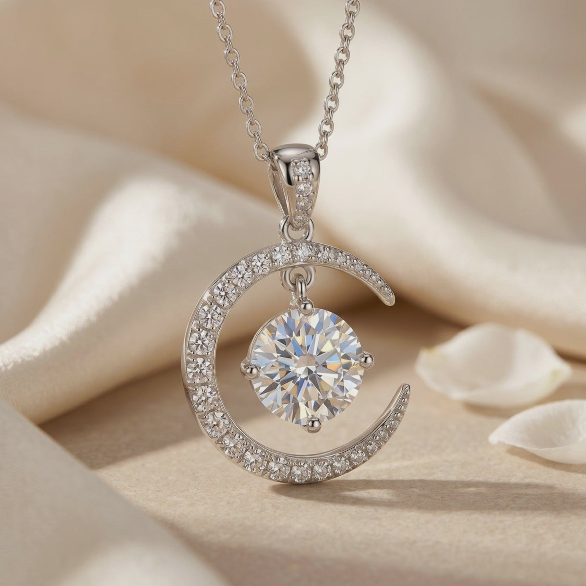 Close-up of the silver crescent moon pendant with pavé accents and a dangling round center stone.