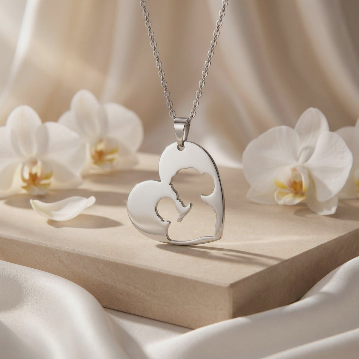 Silver heart cutout pendant with a mother and child silhouette, displayed upright on a pedestal among white orchids.