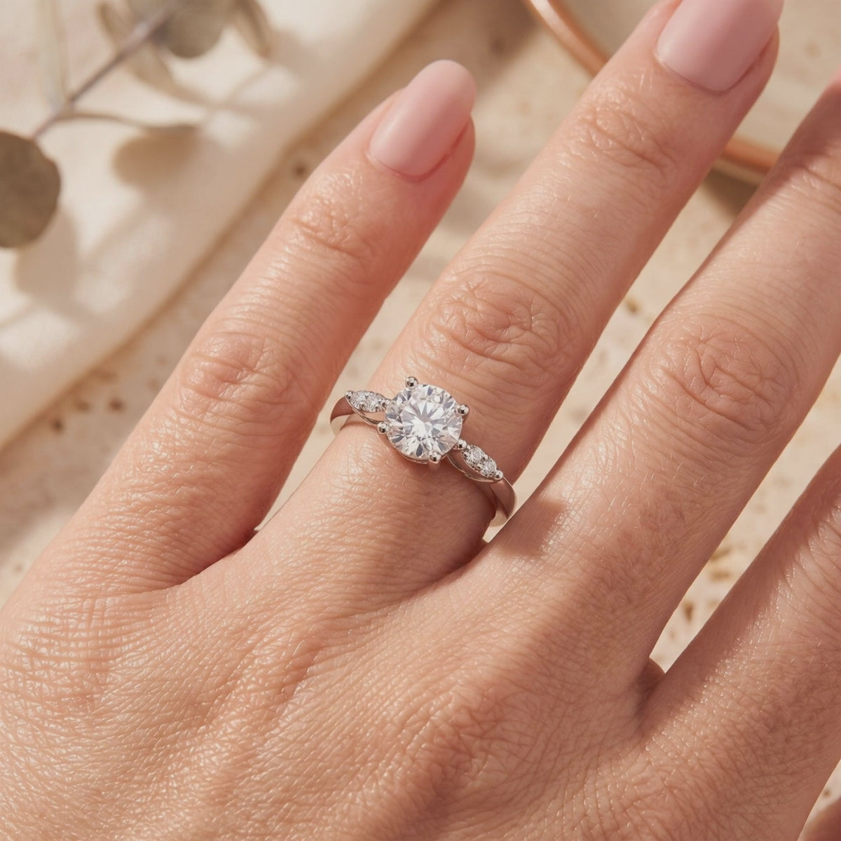 Silver ring with a round clear center stone and small shoulder accents, worn on a finger.