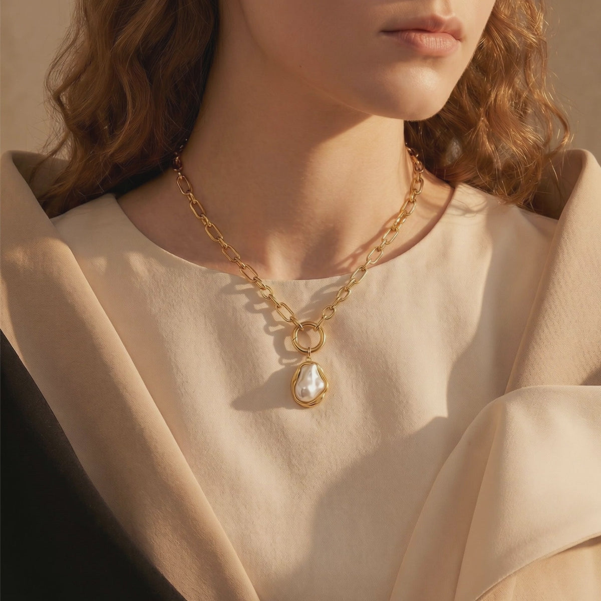 Model wearing a gold-toned link chain necklace with an irregular pearl pendant attached to a ring connector.