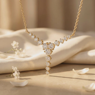 Close-up of a gold-tone Y-drop moissanite necklace suspended over beige silk with white petals.
