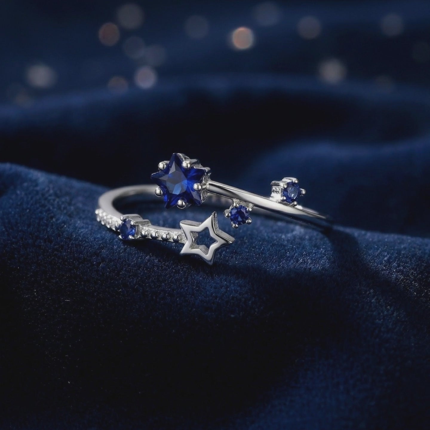 Video of The Orionis Star Ring, a solid gold ring with simulated sapphire.