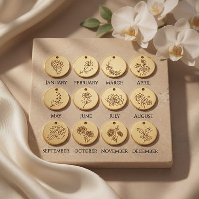 Twelve gold-tone round pendants with floral line art, labeled by month from January through December.