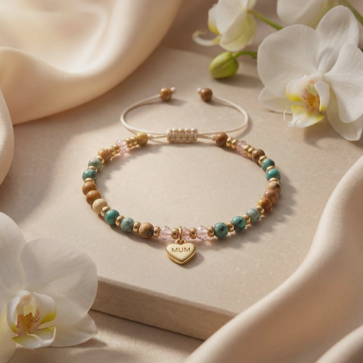 Beaded MUM heart charm bracelet with adjustable cord closure, displayed on a beige surface with white orchids.