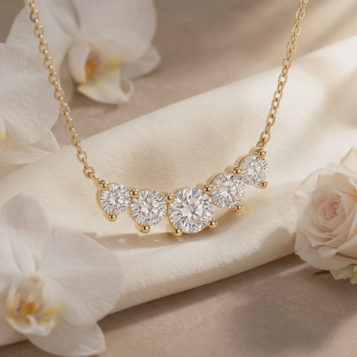Close-up of a gold-tone five-stone curved pendant resting on white fabric among white flowers.