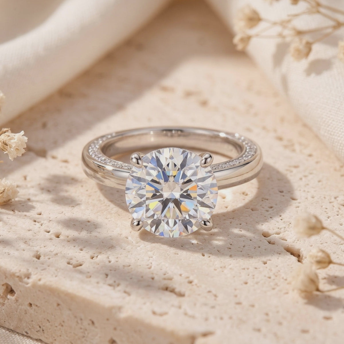 Close-up of a silver solitaire ring with a large round-cut clear stone and pavé band accents on a textured surface.