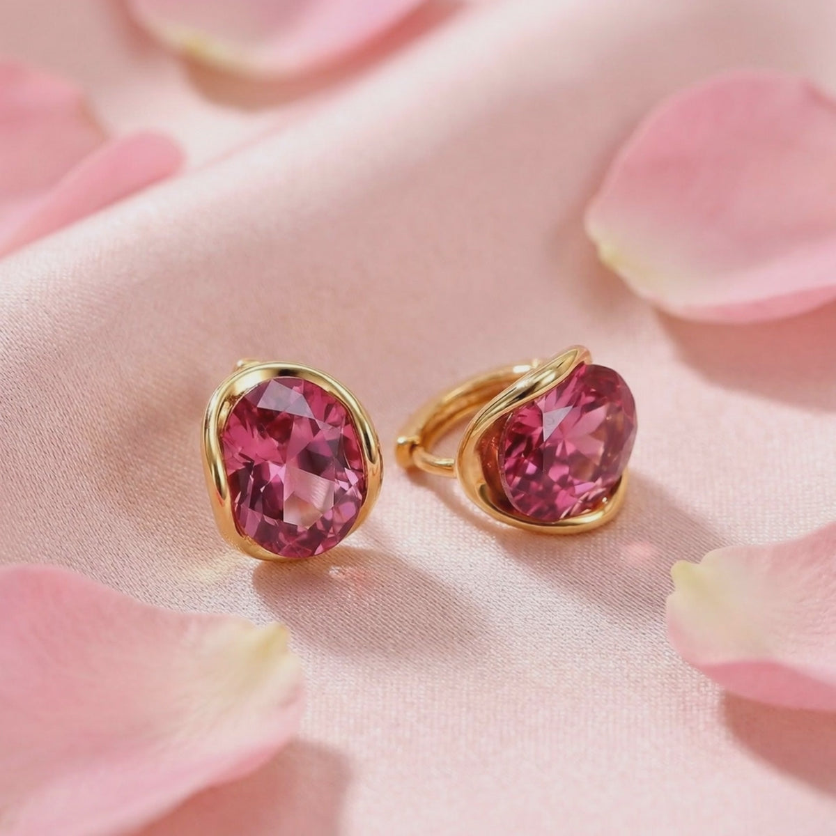 Pair of solid yellow gold stud earrings with oval pink tourmaline gemstones displayed on pale pink fabric.