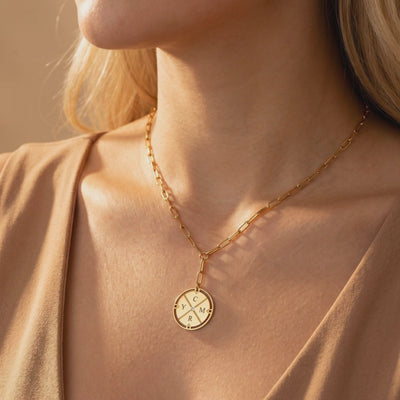 Close-up of a person wearing a gold-toned oval-link necklace with a round pendant marked C, Y, M, and R.