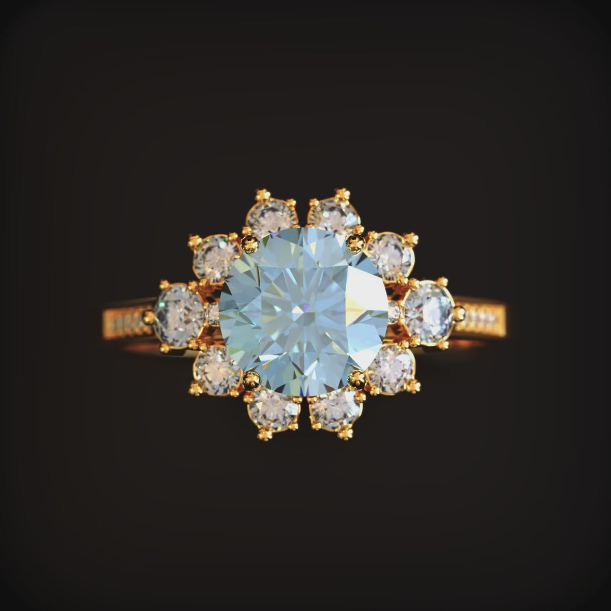 A solid gold ring with a blue moissanite center stone and halo.