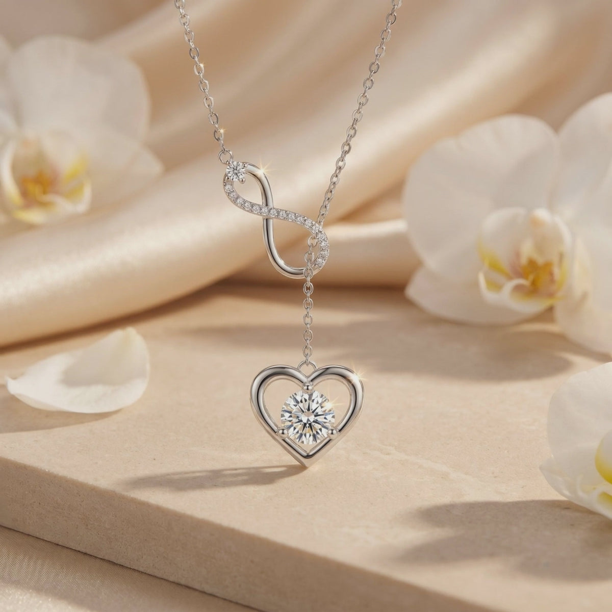 Silver infinity and heart moissanite necklace displayed on a beige stone surface beside white orchids.
