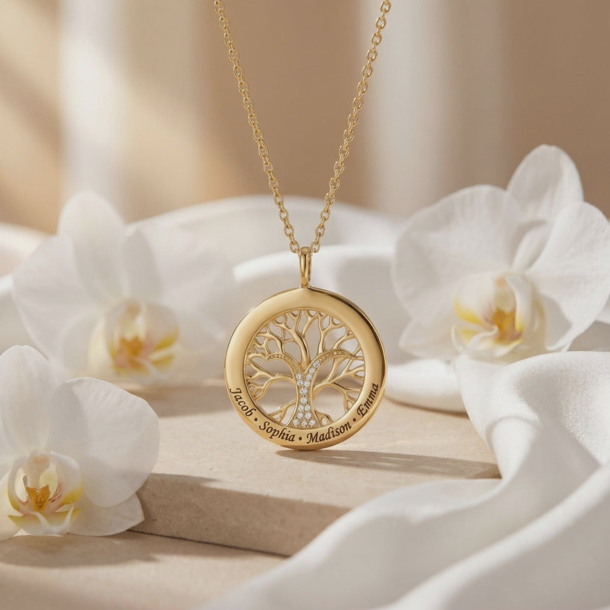 Gold-tone tree-of-life pendant necklace displayed among white orchids, with engraved names and sparkling branch accents.