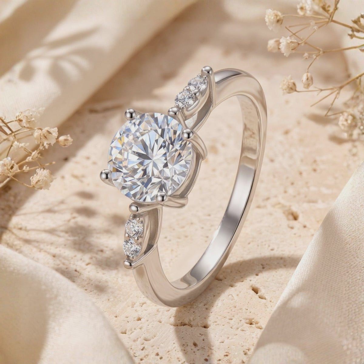 Angled silver ring with a round clear center stone and shoulder accents, displayed on textured stone.