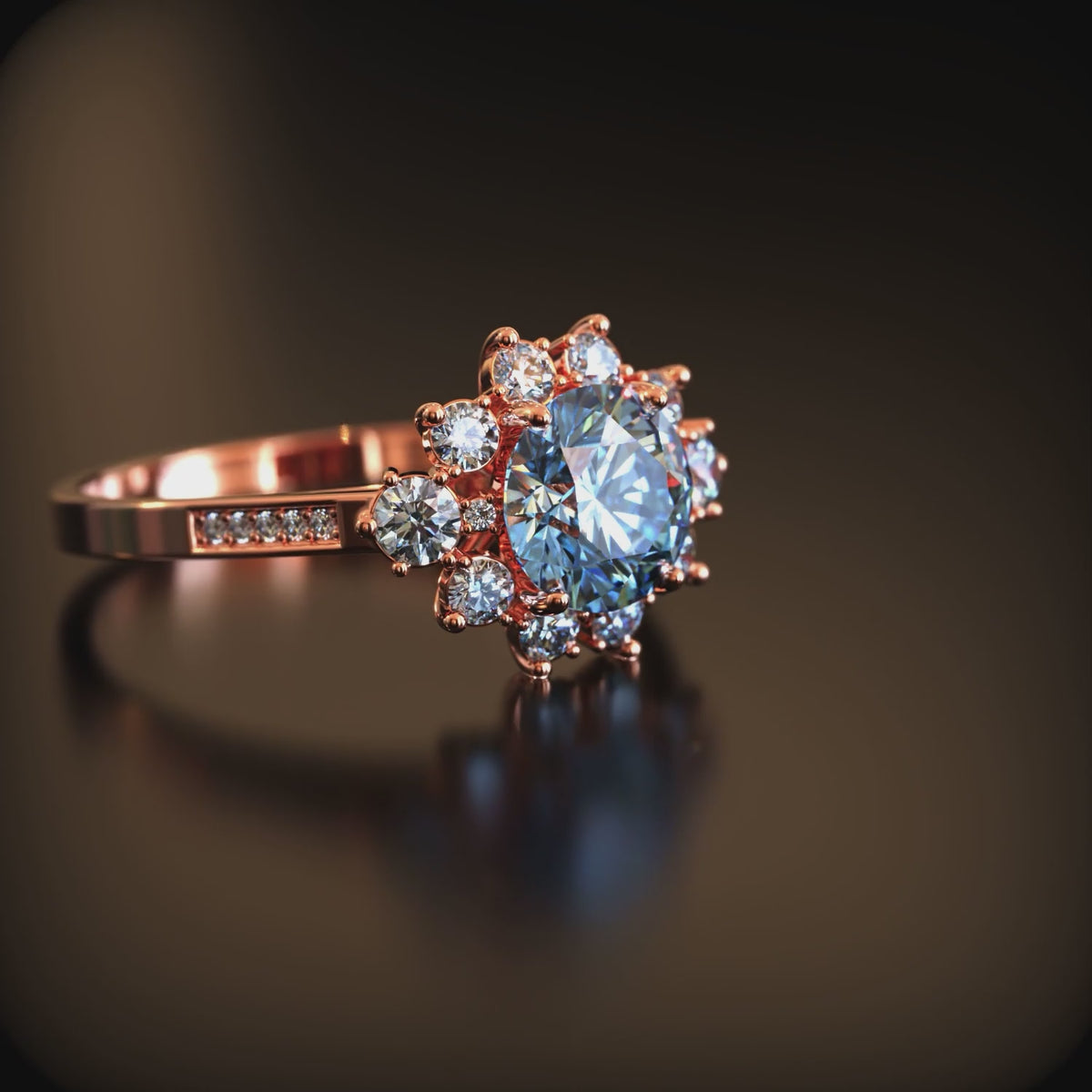A solid gold ring with a blue moissanite center stone and halo.